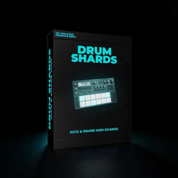 Drum Shards MIDI Pack box displaying kick and snare MIDI fragments with neon lighting on a dark background.