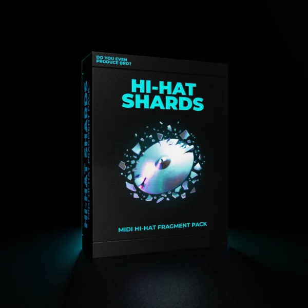 HiHat Shards MIDI Fragment Pack featuring shattered cymbal design on a black product box.