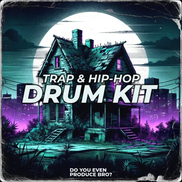 Cover image of the Trap & Hip-Hop Drum Kit, featuring an old house under a full moon, promoting a high-quality drum sample pack for trap and hip-hop producers.