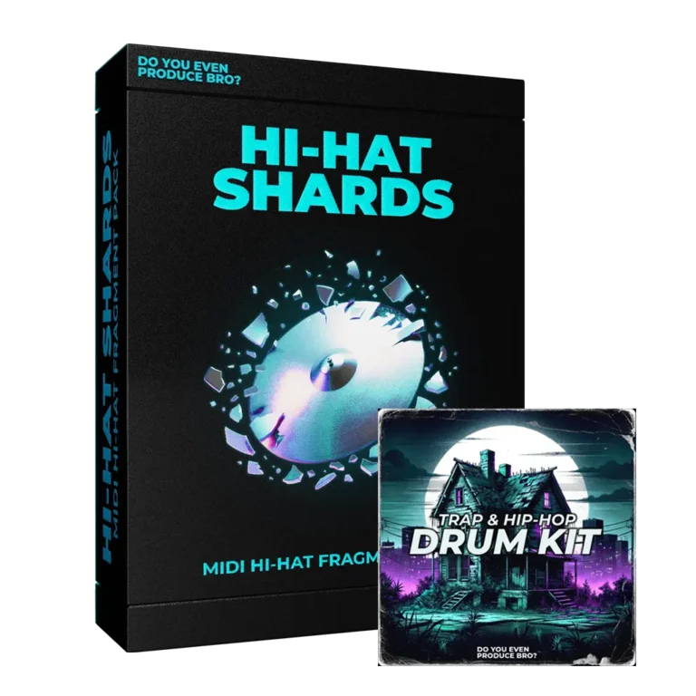 Image showing the Hi-Hat Shards MIDI Fragment Pack along with a bonus Trap and Hip-Hop Drum Kit cover.