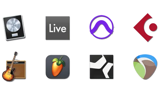 Icons of popular digital audio workstations including Logic Pro, Ableton Live, FL Studio, Pro Tools, and more, for mobile use by music producers