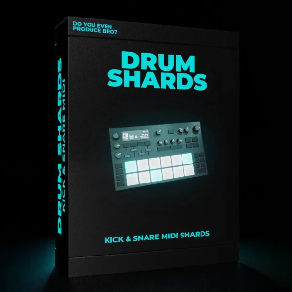 Drum Shards MIDI Pack - Box showcasing kick and snare MIDI patterns with neon-themed design, perfect for music producers.