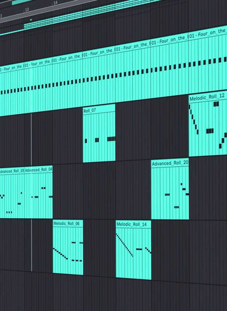 MIDI hi-hat rolls and patterns displayed in a DAW showcasing Hi-Hat Shards pack