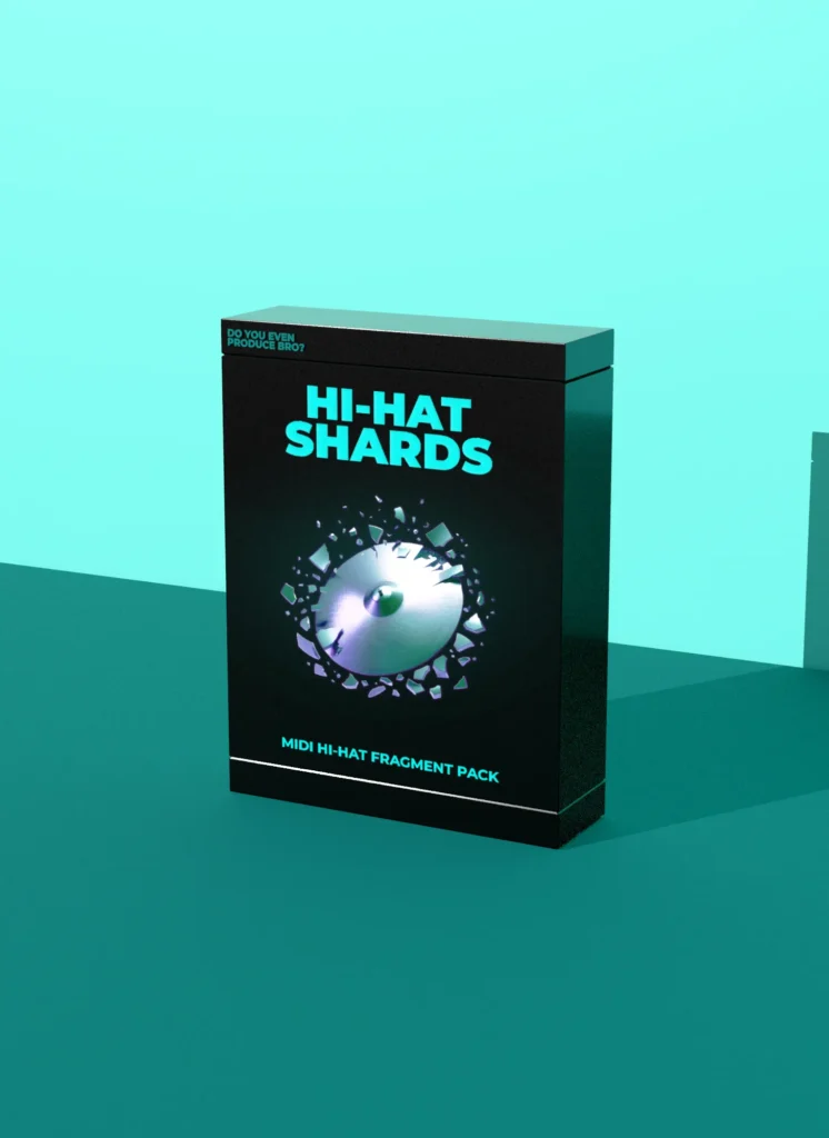 HiHat Shards MIDI pack displayed on a blue background, featuring a broken cymbal design. MIDI hi-hat fragment pack from DoYouEvenProduceBro?