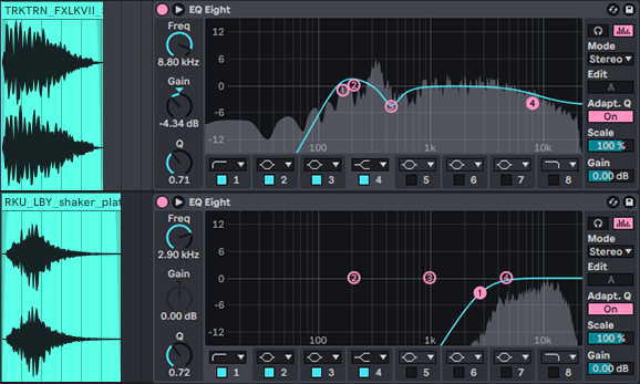 Layering drum samples with EQ adjustments in Ableton Live showing EQ Eight with frequency cuts and boosts for optimized drum sound.