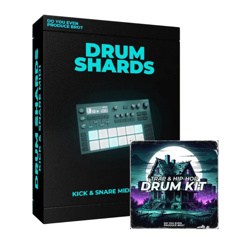 Product box image of Drum Shards MIDI pack alongside a Trap & Hip-Hop Drum Kit bonus graphic.