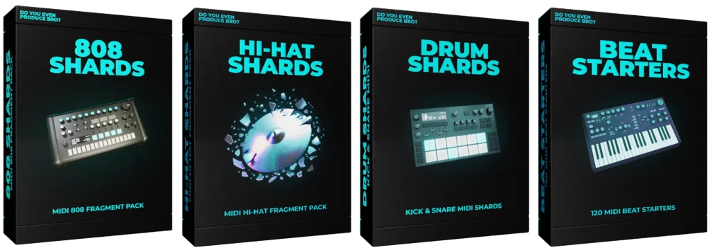 Collection of MIDI Fragment Packs including 808 Shards, HiHat Shards, Drum Shards, and Beat Starters displayed side-by-side.