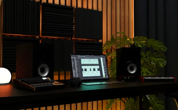 Music production studio setup at DoYouEvenProduceBro? with MIDI controller, speakers, and digital audio workstation