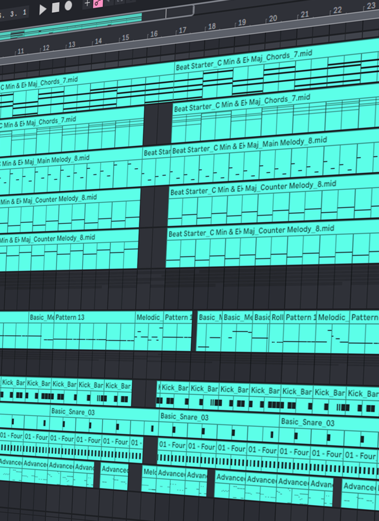 Producer’s Toolkit MIDI bundle displayed in a DAW with patterns for chords, melodies, and drums for trap and hip-hop production.