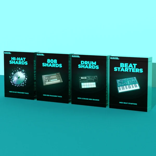 Producer’s Toolkit MIDI bundle with Hi-Hat Shards, 808 Shards, Drum Shards, and Beat Starters MIDI packs for trap and hip-hop production.