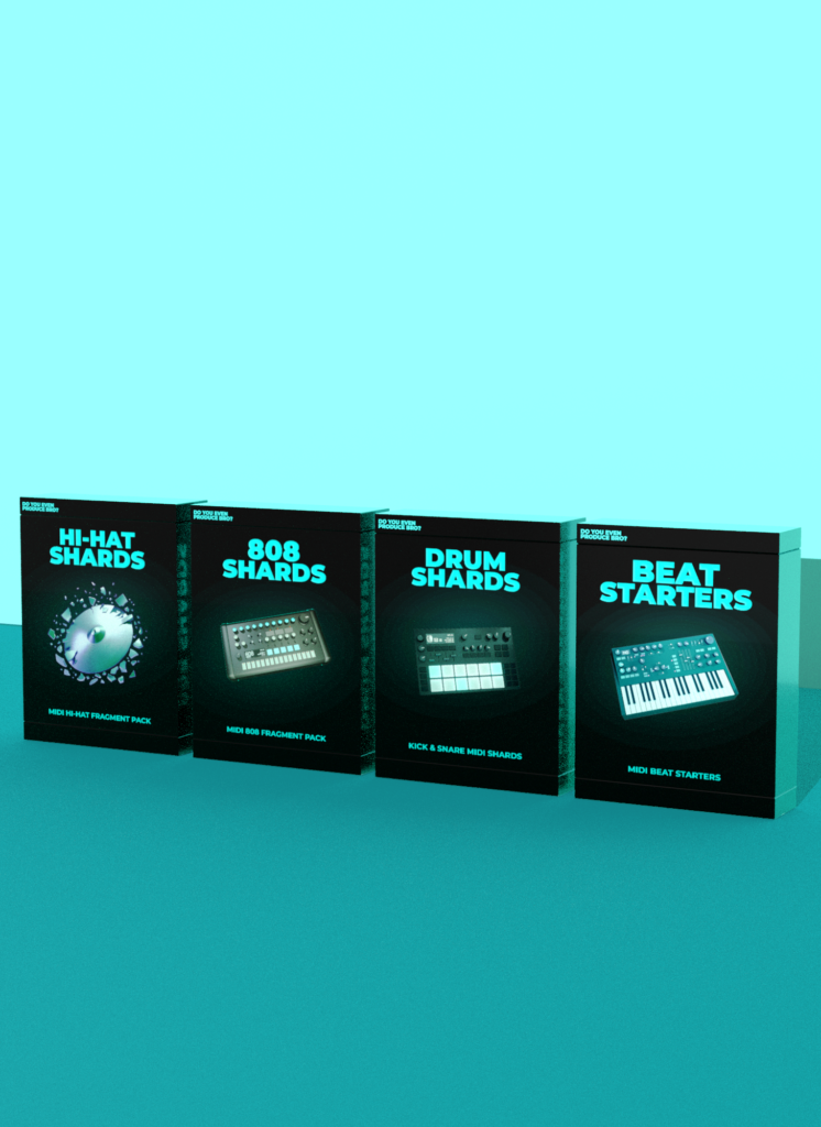 Producer’s Toolkit MIDI bundle featuring Hi-Hat Shards, 808 Shards, Drum Shards, and Beat Starters MIDI packs for trap and hip-hop production on a blue background.