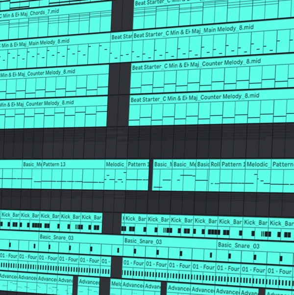 MIDI patterns from Producer’s Toolkit bundle displayed in a DAW, including kick, snare, melody, and chord sequences for trap and hip-hop production